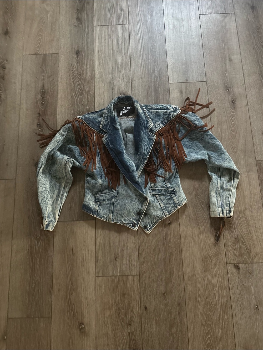 Vintage Acid-Wash Denim Jacket with Brown Fringe